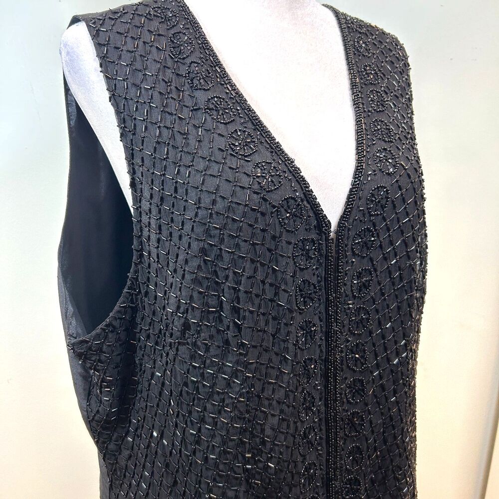 VTG Hasting & Smith Silk Beaded Black Vest Size L Whimsigoth Dark Fairy